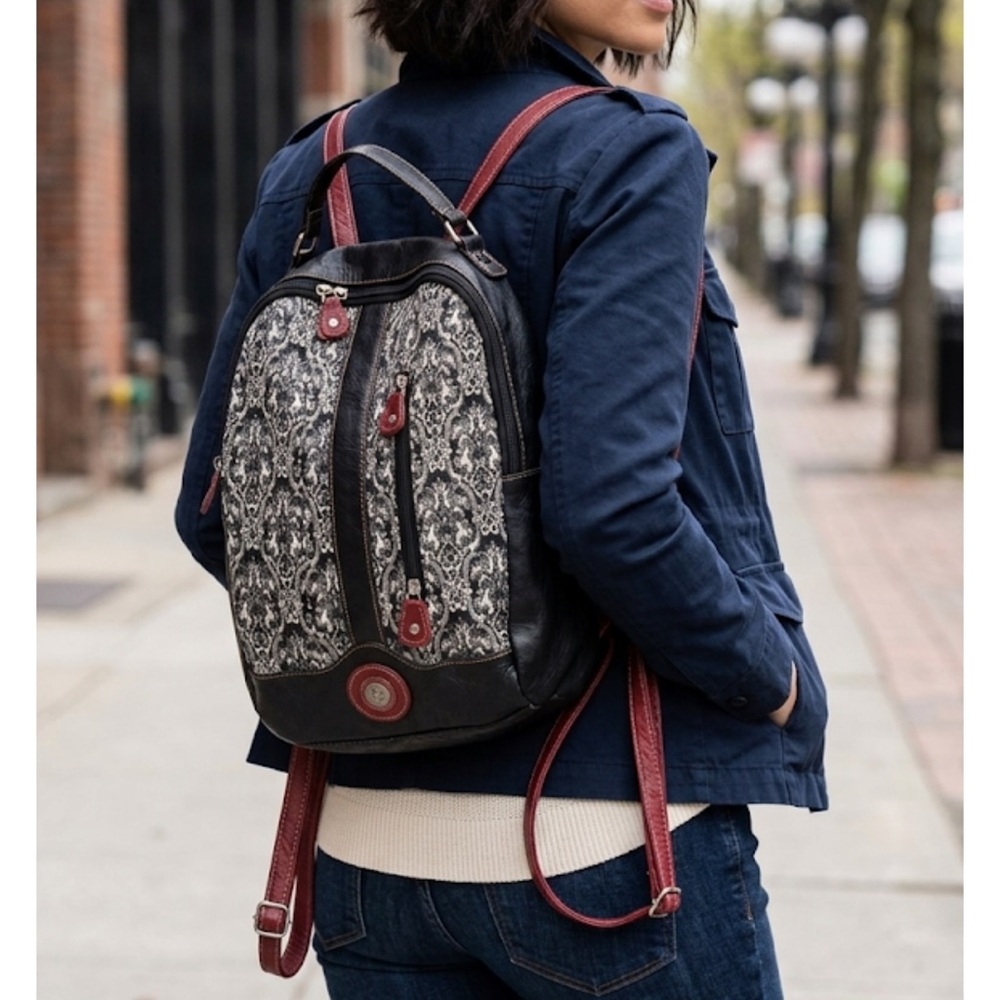 Moufion Maroon/Black Backpack |Brown Faux Leather Trim | Adjustable Strap
